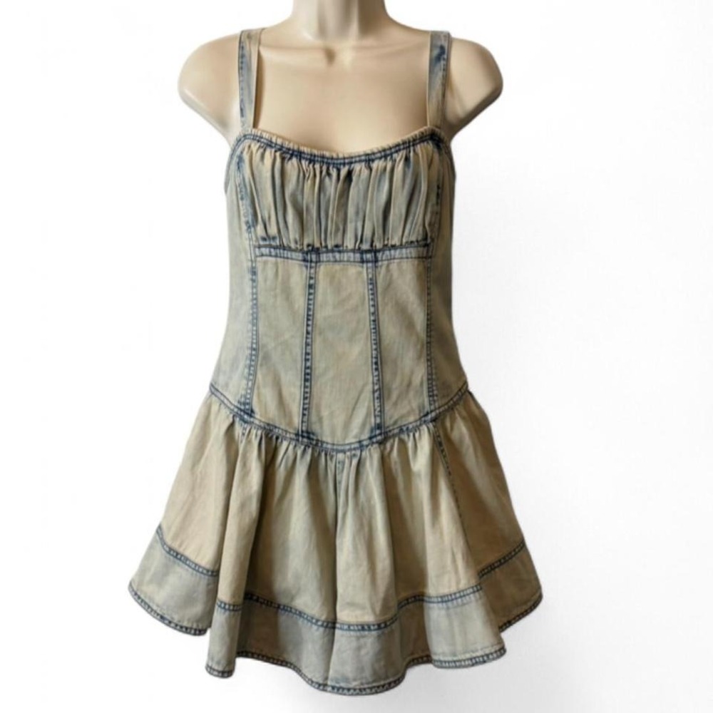 Pilcro Square Neck Drop Waist Faded‎ Denim Romper